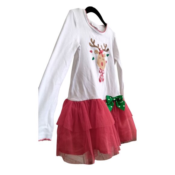 Bonnie Jean Girls Size 6 Dress Tutu Rudolph Long Sleeve Holiday White Red - Picture 5 of 9